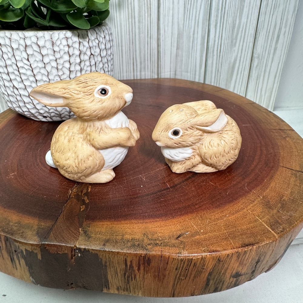Vintage Ceramic Bunny Rabbit Salt and Pepper Shakers Set Tan White Easter Decor